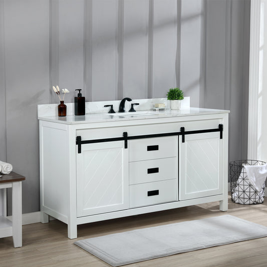 Kinsley 60" Single Bathroom Vanity Set in White and Carrara White Marble Countertop without Mirror