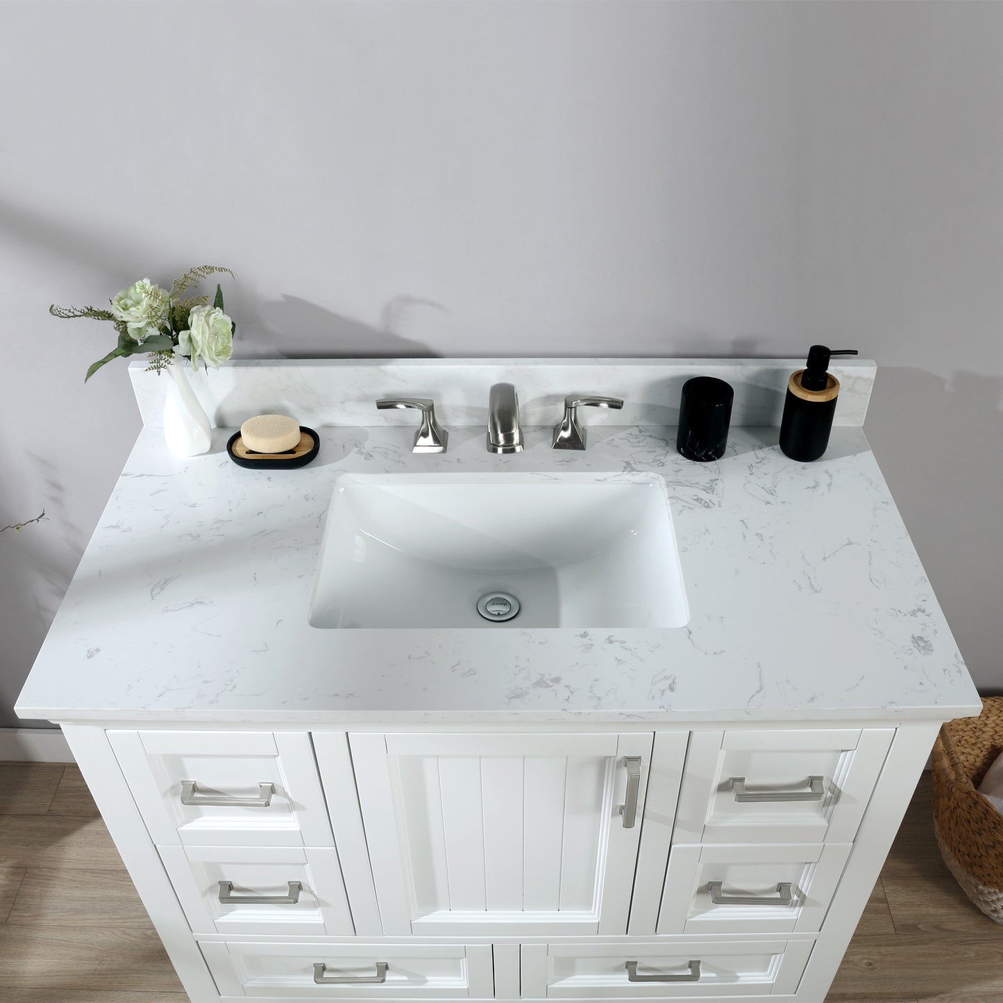 Isla 42" Single Bathroom Vanity Set in White and Aosta White Composite Stone Countertop without Mirror