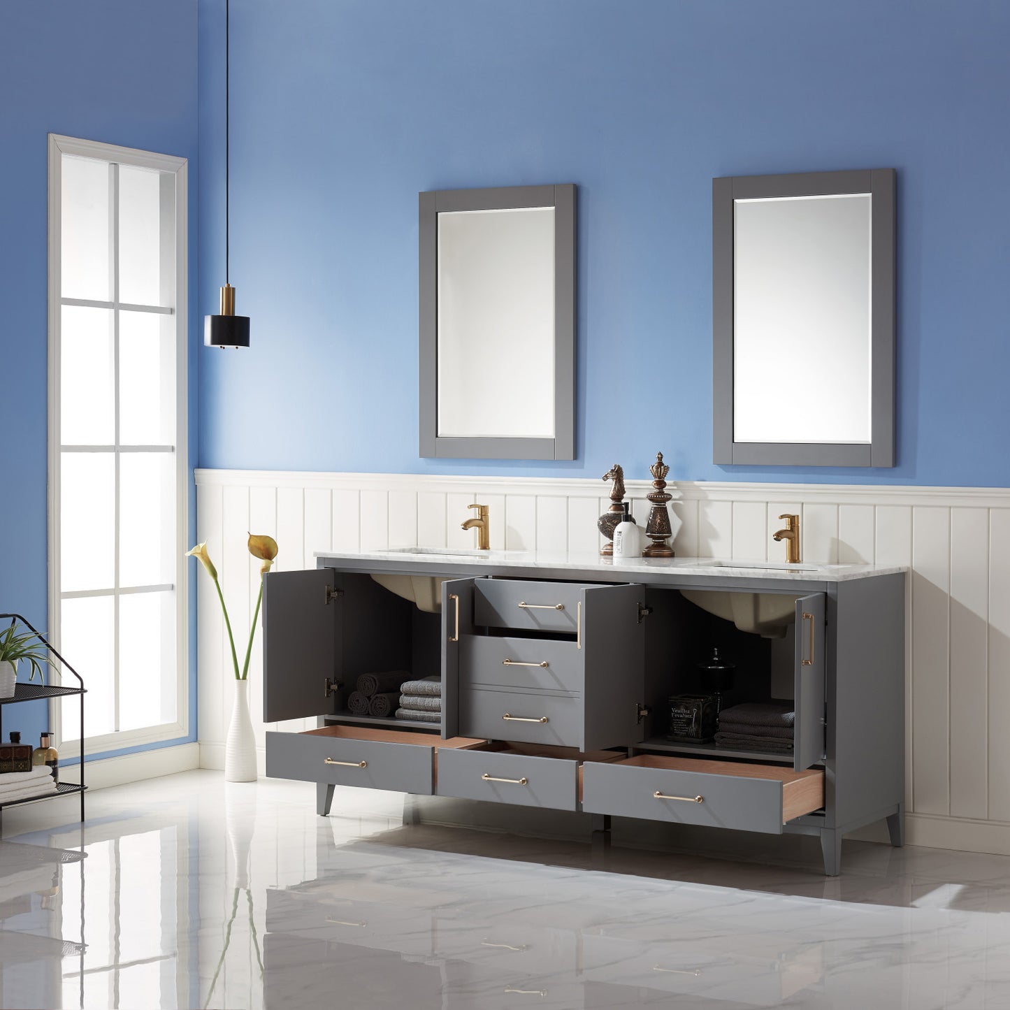 Sutton 72" Double Bathroom Vanity Set in Gray and Carrara White Marble Countertop