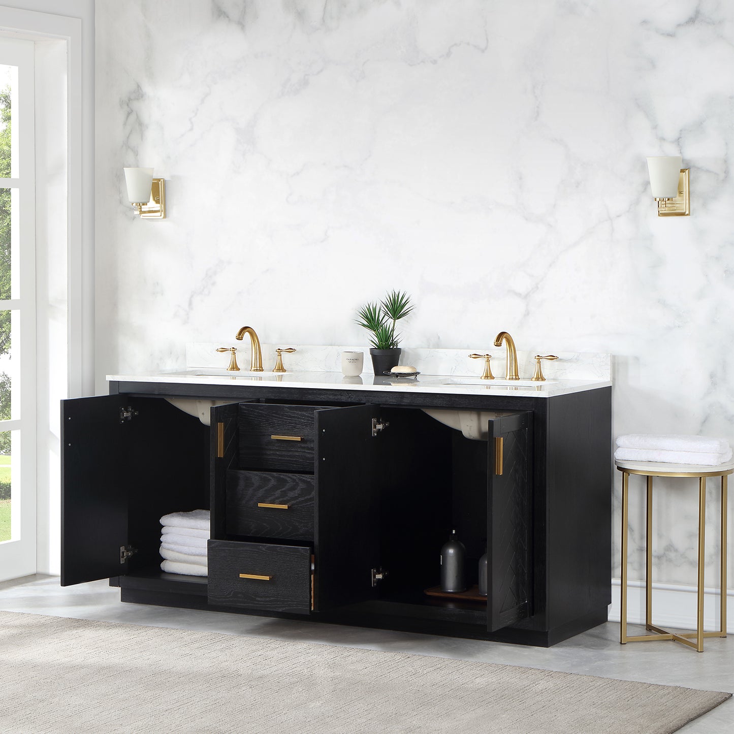 Gazsi 72" Double Bathroom Vanity Set with Grain White Composite Stone Countertop without Mirror