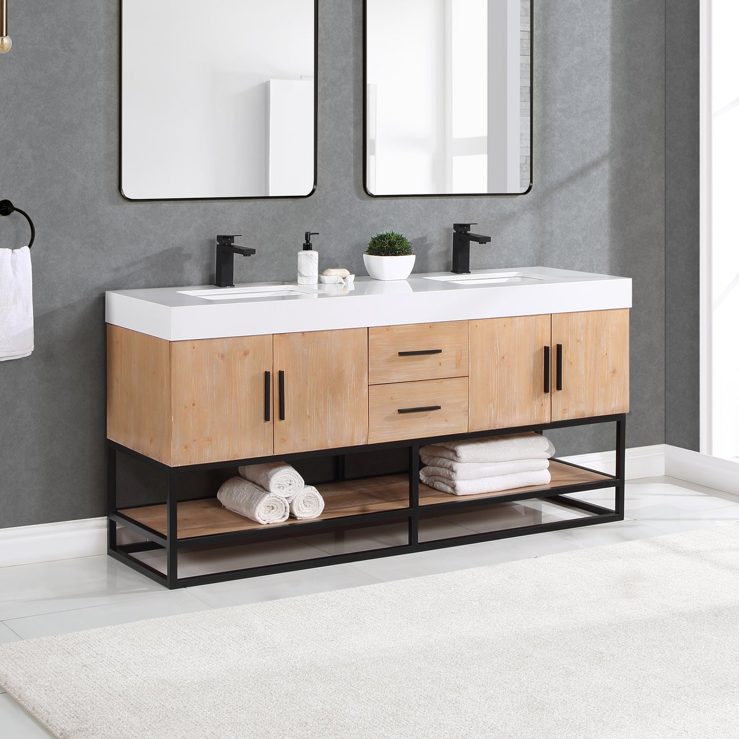 Bianco 72" Double Bathroom Vanity in Light Brown and White Composite Stone Countertop without Mirror