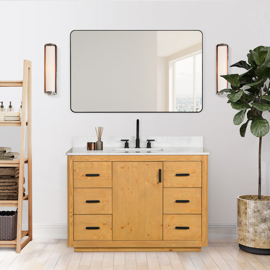 Perla 48" Single Bathroom Vanity in Natural Wood with Grain White Composite Stone Countertop