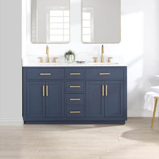 Gavino 60" & 72" Double Bathroom Vanity in Royal Blue with Grain White Composite Stone Countertop without Mirror