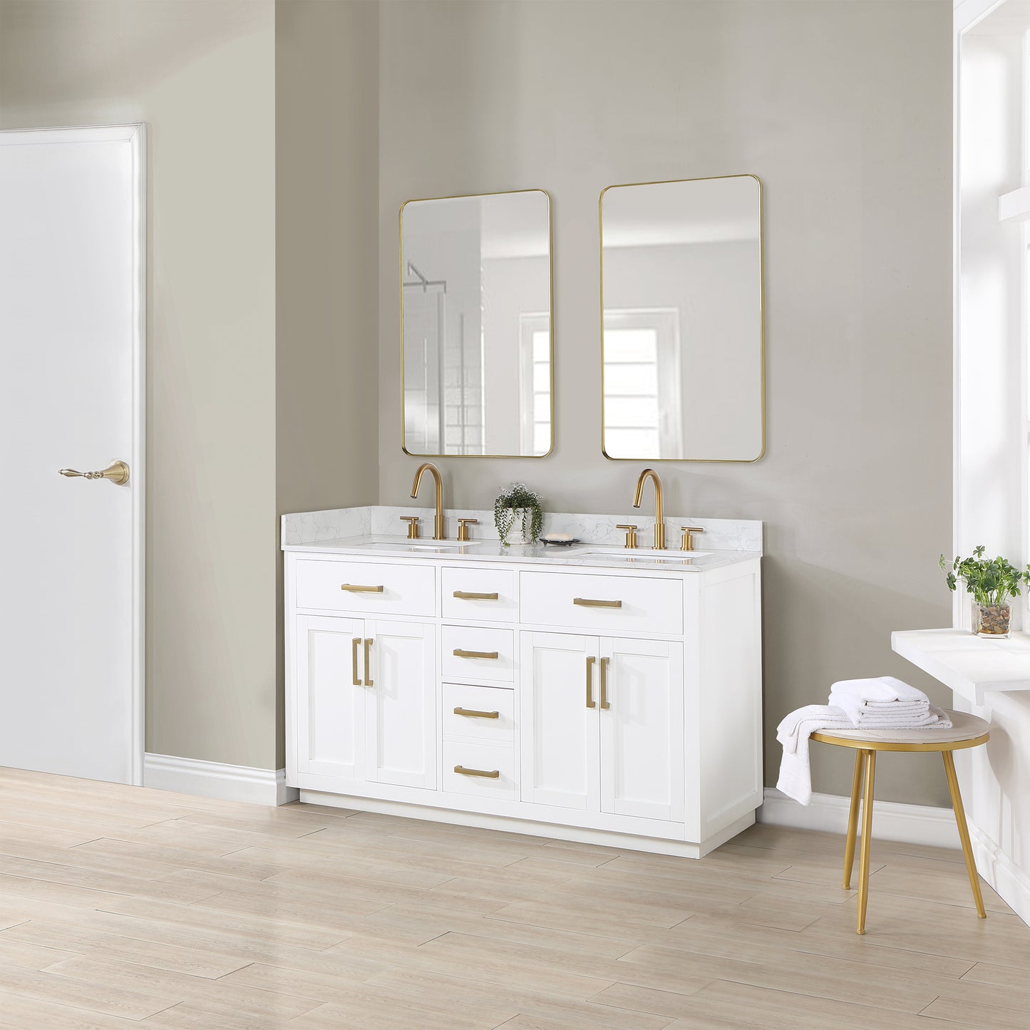 Gavino 60" & 72" Double Bathroom Vanity in White with Grain White Composite Stone Countertop without Mirror