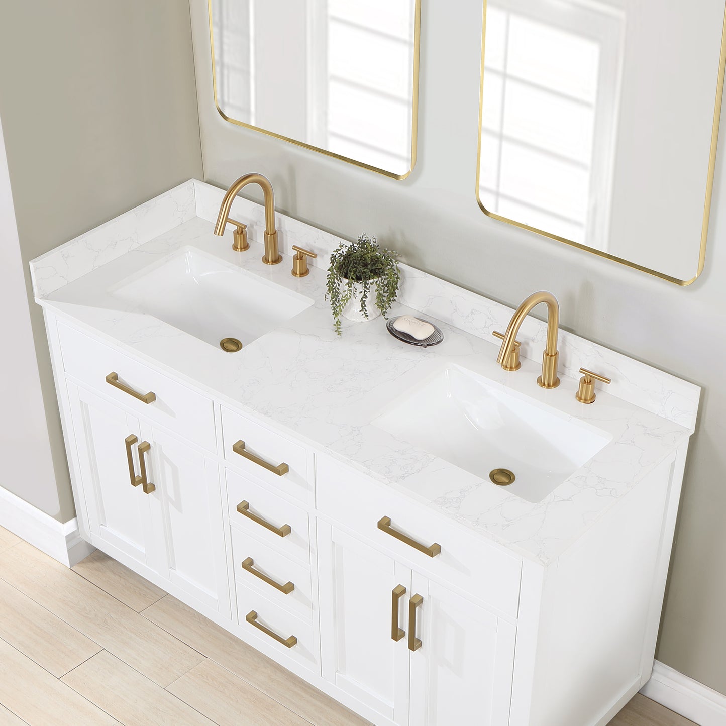 Gavino 60" & 72" Double Bathroom Vanity in White with Grain White Composite Stone Countertop without Mirror