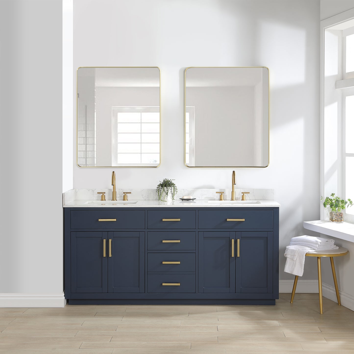 Gavino 60" & 72" Double Bathroom Vanity in Royal Blue with Grain White Composite Stone Countertop without Mirror