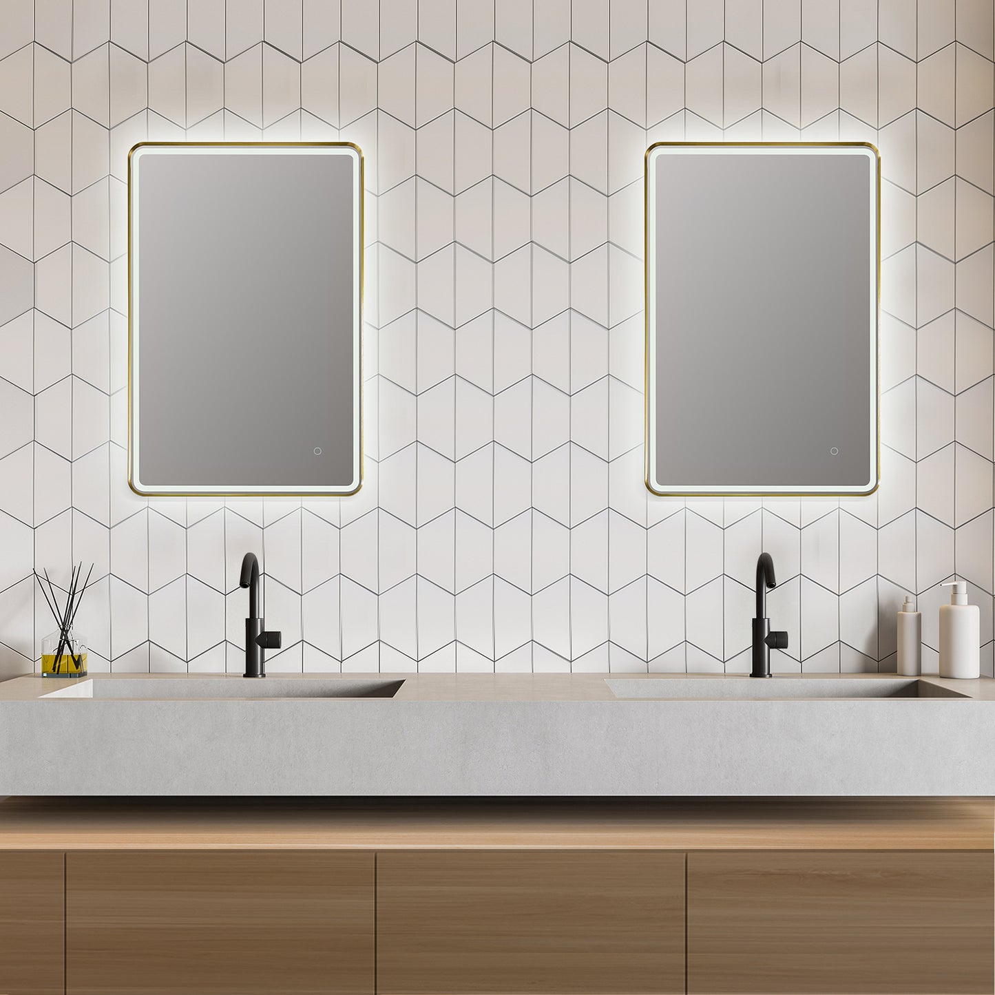 Viaggi Rectangle 24" Framed in Brushed Gold Modern Bathroom/Vanity LED Lighted Wall Mirror