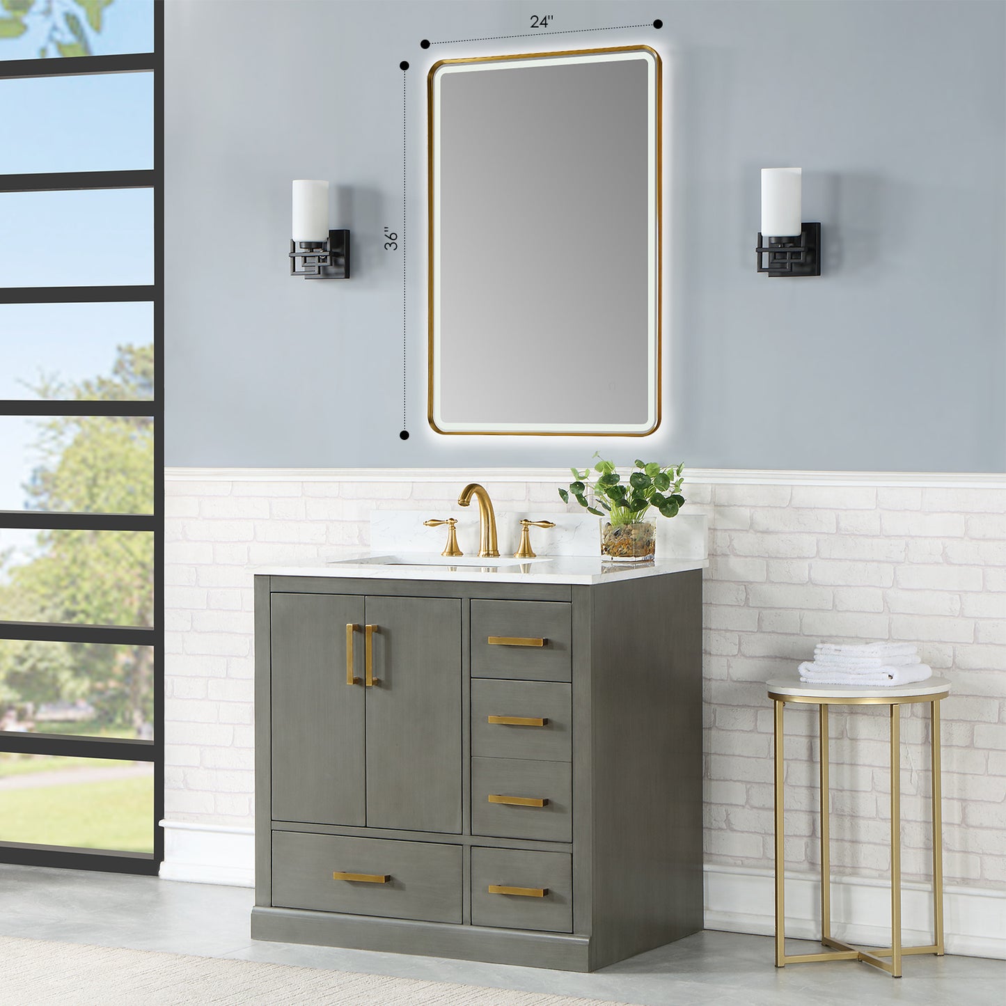 Viaggi Rectangle 24" Framed in Brushed Gold Modern Bathroom/Vanity LED Lighted Wall Mirror