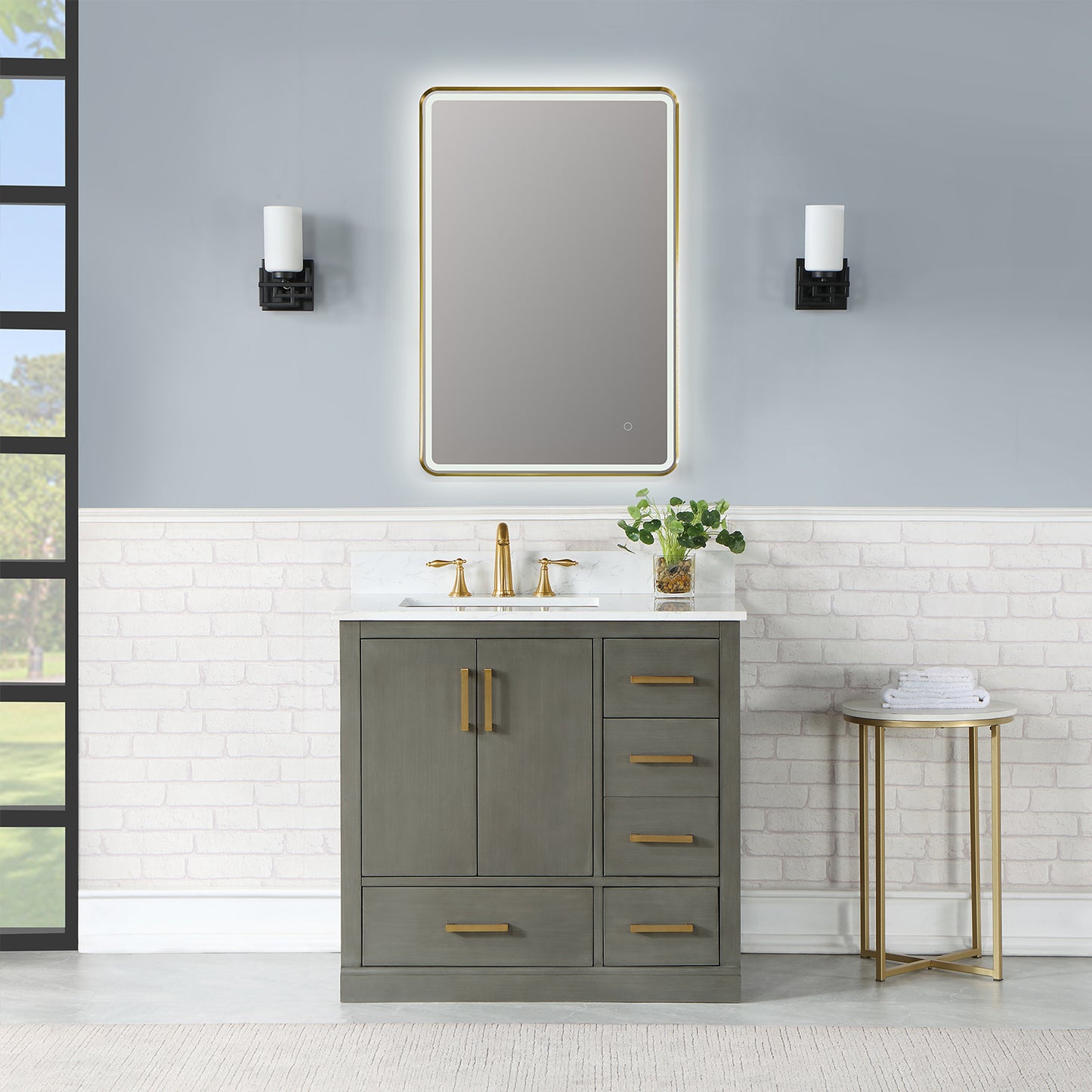 Viaggi Rectangle 24" Framed in Brushed Gold Modern Bathroom/Vanity LED Lighted Wall Mirror