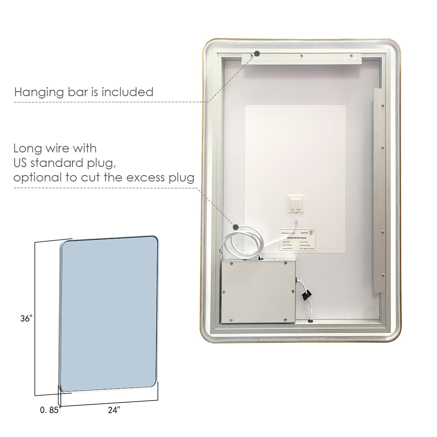 Viaggi Rectangle 24" Framed in Brushed Gold Modern Bathroom/Vanity LED Lighted Wall Mirror