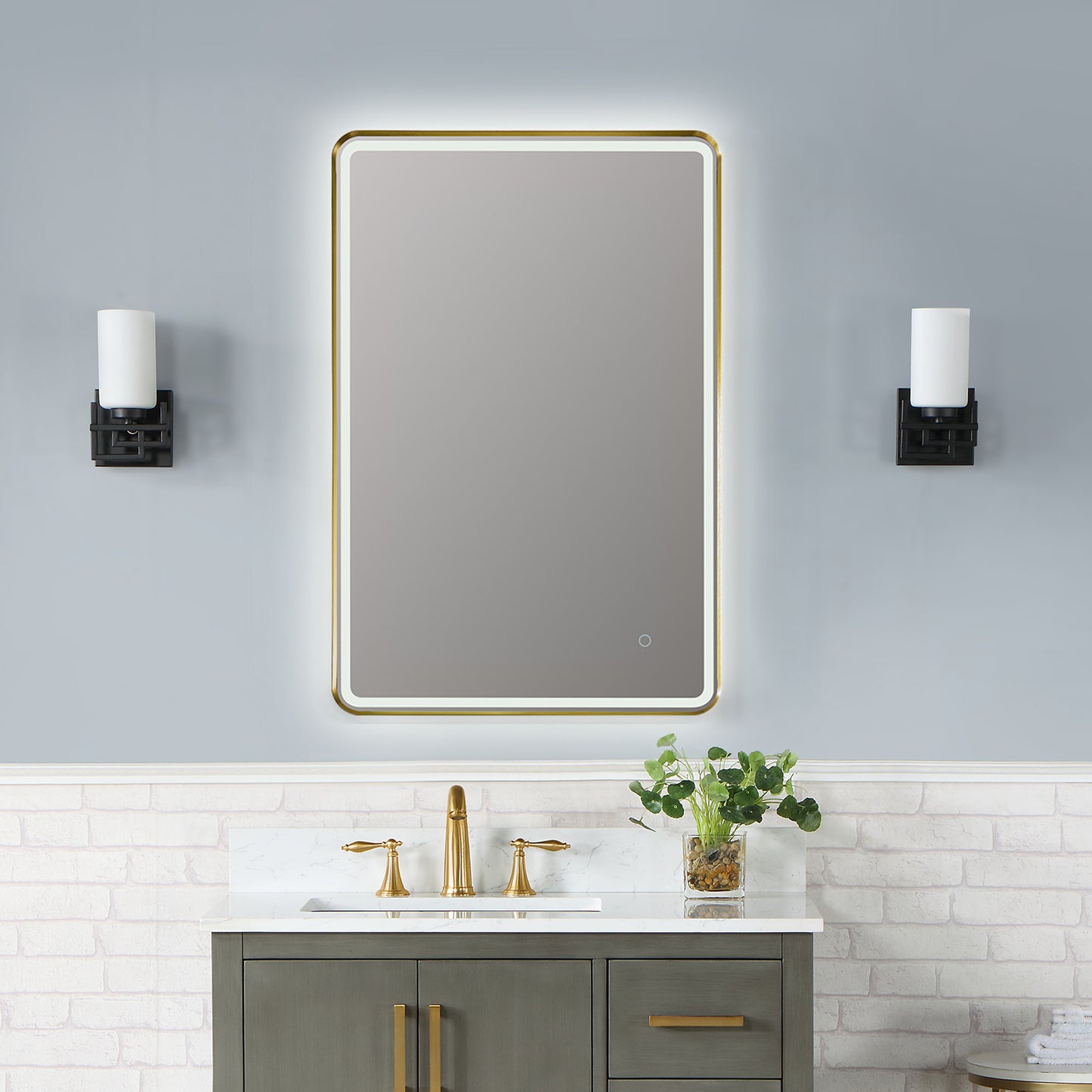 Viaggi Rectangle 24" Framed in Brushed Gold Modern Bathroom/Vanity LED Lighted Wall Mirror