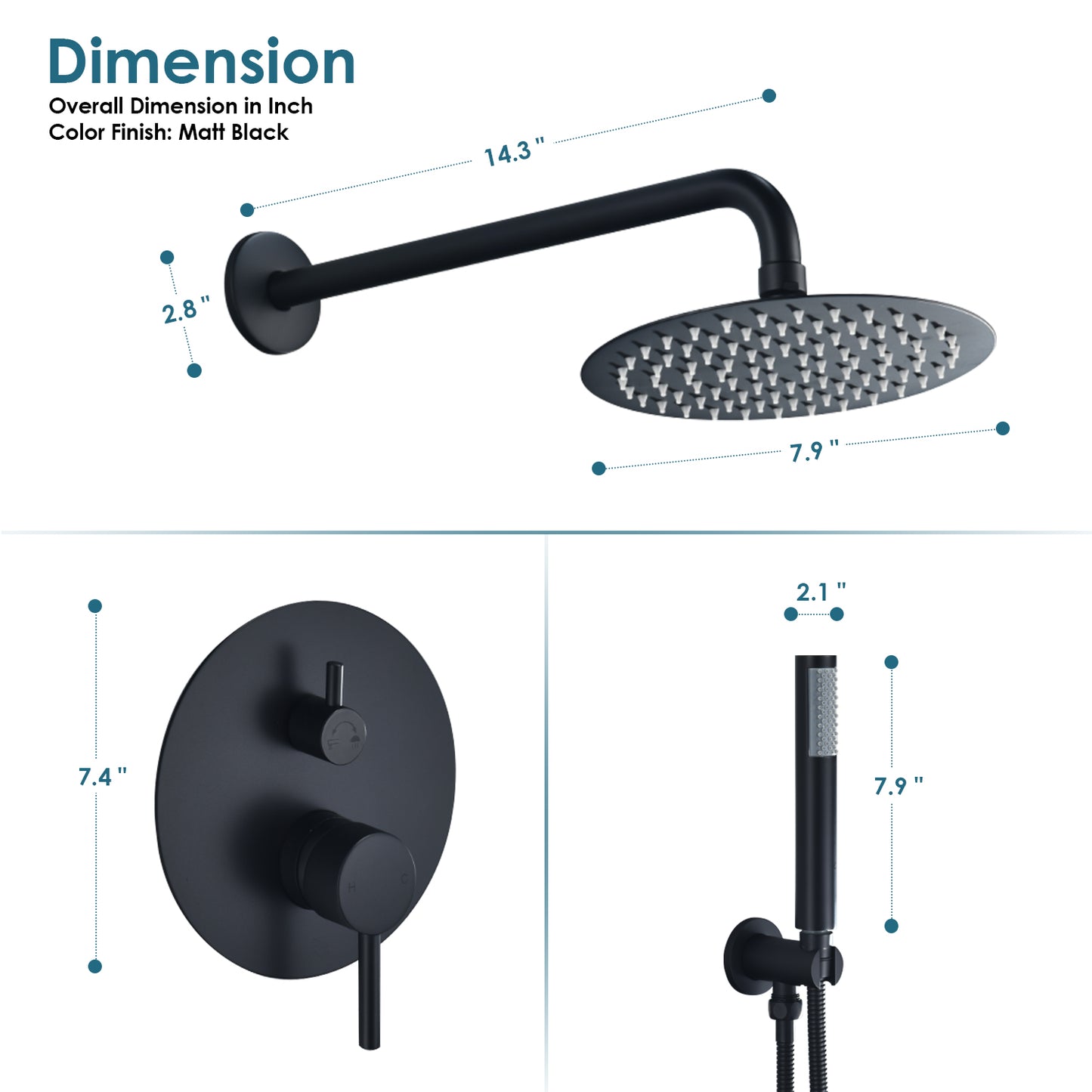 Herne Complete Shower System in Matte Black with Rough-In Valve with 8 In. Round Rain Shower Head
