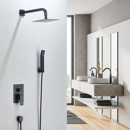 Raeren Complete Shower System in Matte Black with Rough-In Valve with 8 In. Square Rain Shower Head